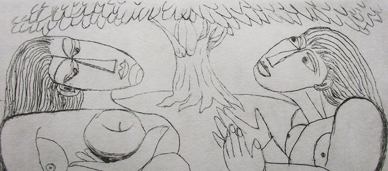 北川民次『アダムとイヴ』銅版画　ed.61/120. 鉛筆サイン　マット付き（額なし）　＊マット裏シールのサインは印刷になります。_画像3