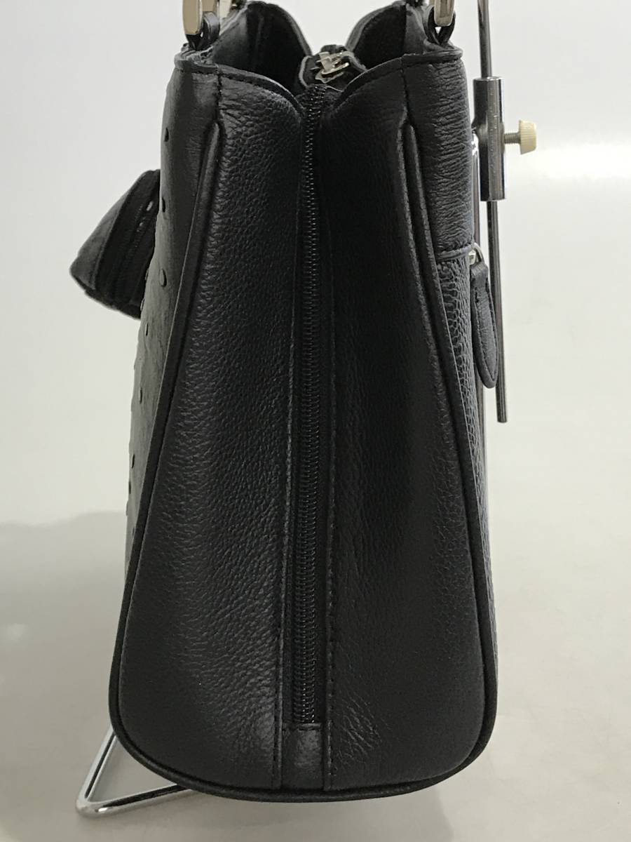 HG5527 オーストリッチ ダチョウ革 ハンドバッグ ブラック系 ファスナータイプ レザー 鞄 レディース _画像3