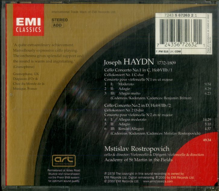 D00153640/CD/ムスティスラフ・ロストロポーヴィチ「ハイドン：Cello Concertos Nos 1 & 2」_画像2