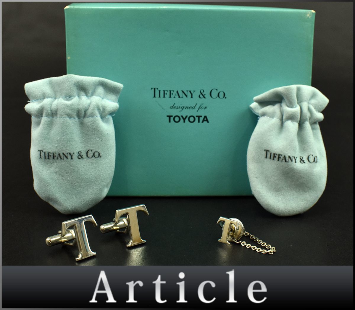 164071◇ Tiffany&co ティファニー トヨタ コラボ カフス カフリンクス タイタック セット Sv925 スターリング シルバー メンズ 箱付/ G_画像1