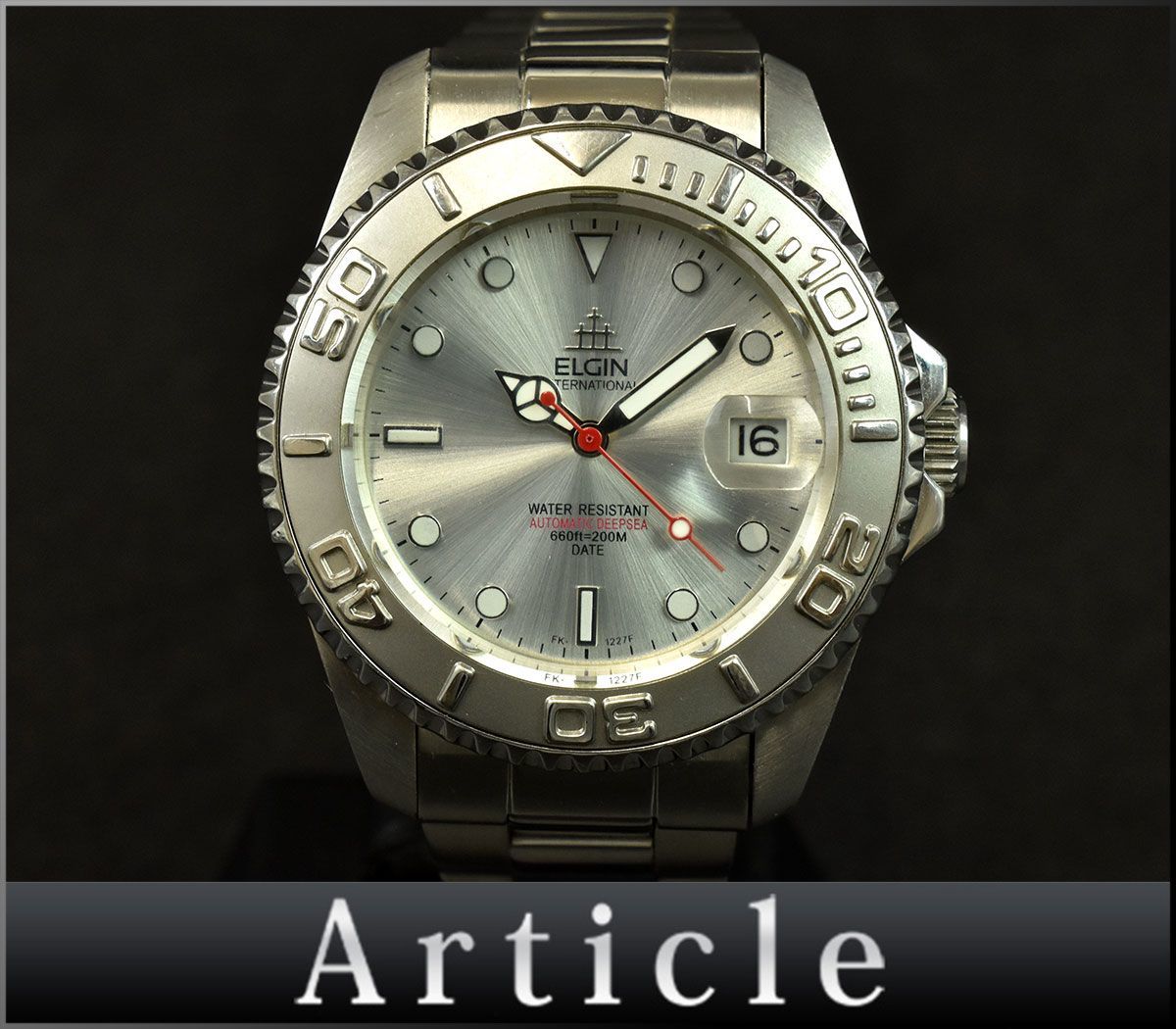165204□ 動作確認済 ELGIN エルジン 腕時計 自動巻き デイト 3針 裏スケ ラウンドフェイス FK-1227F SS シルバー メンズ アナログ/ D_画像1