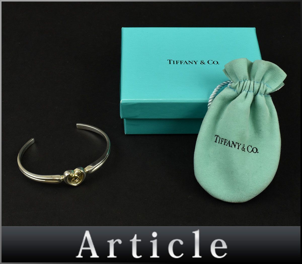 164925□Tiffany&co ティファニー ハート ウィズ ボウ リボン カフ バングル ブレスレット アクセサリー Sv925 K18YG シルバー ゴールド/ E_画像1