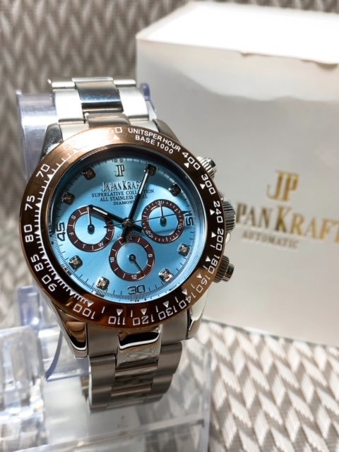 天然ダイヤモンド付き 新品 JAPANKRAFT ジャパンクラフト 正規品 自動巻き 腕時計 機械式 アイスブルー コスモグラフ ビジネスウォッチ_画像4