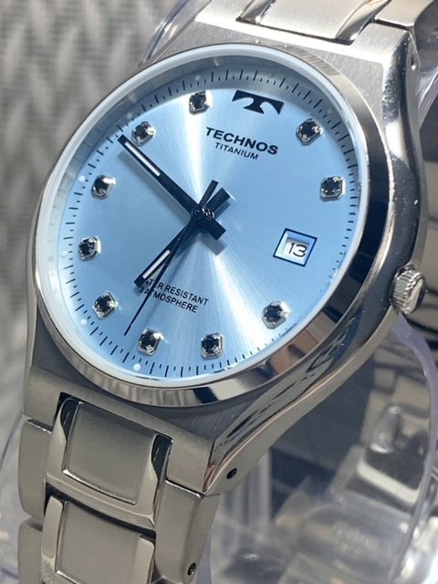 新品 テクノス TECHNOS 正規品 腕時計 アナログ腕時計 クオーツ チタン 3気圧防水 カレンダー シンプル シルバー アイスブルー プレゼント_画像3