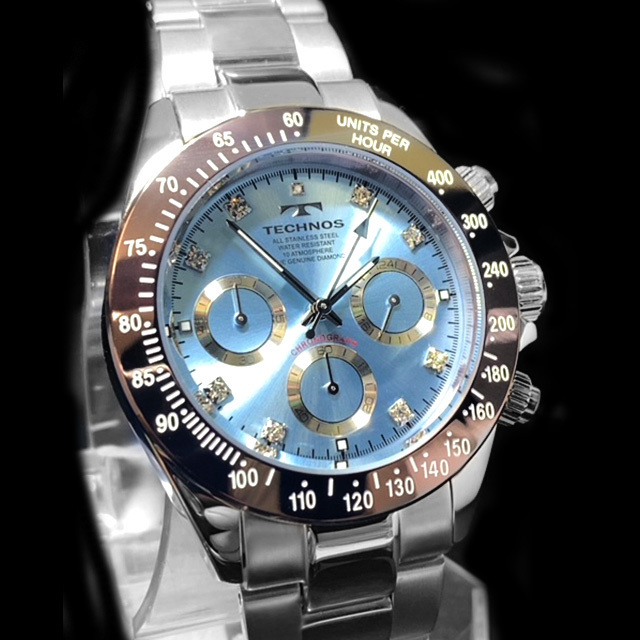 限定カラー 新品 テクノス TECHNOS 正規品 クロノフラフ 腕時計 天然ダイヤモンド付き アイスブルー コスモグラフ ダイバー腕時計 メンズ_画像2