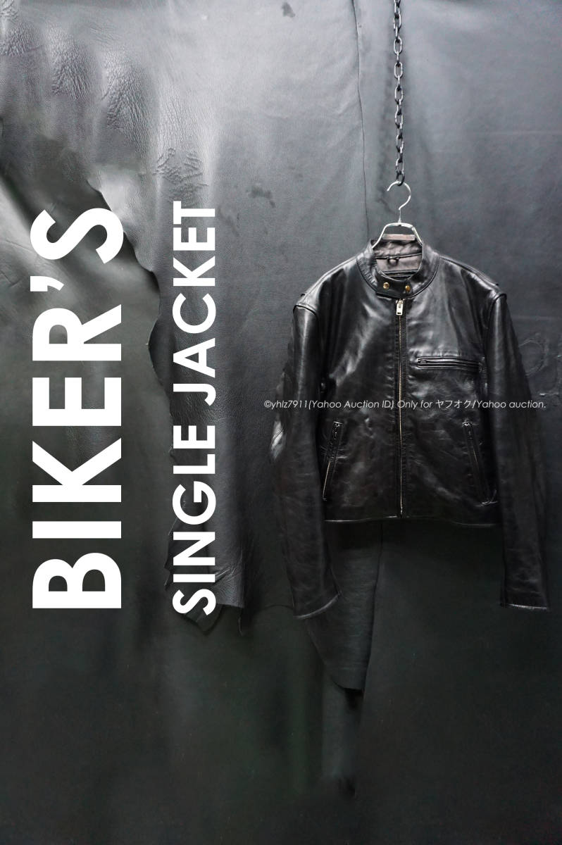 BIKERS 牛革 重厚 シングルライダースジャケット 42/XL フリースライナー付き レザー スタンドカラー 本革 革ジャン バイカー コーリン_画像1