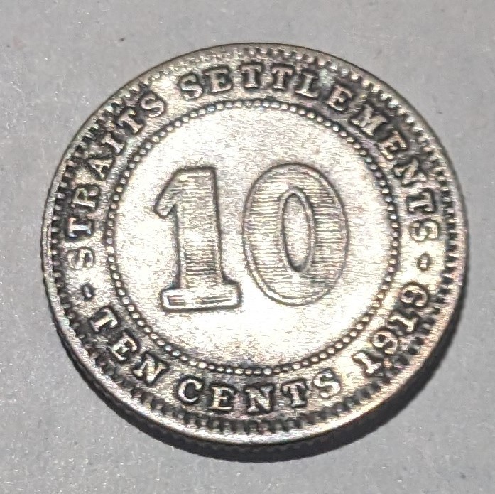 ’1919　イギリス領海峡植民地 ジョージⅤ世 10セント　銀貨　流通品_画像2