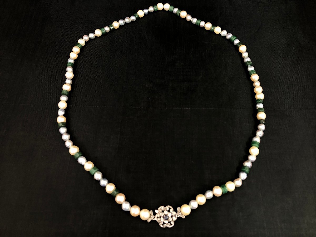 【ネックレス】K18WG（刻印有）真珠（2種）＆サファイア＆グリーンアベンチュリン　1連ネックレス　57㎝　鑑別書付　SY01-BW3＊_画像1