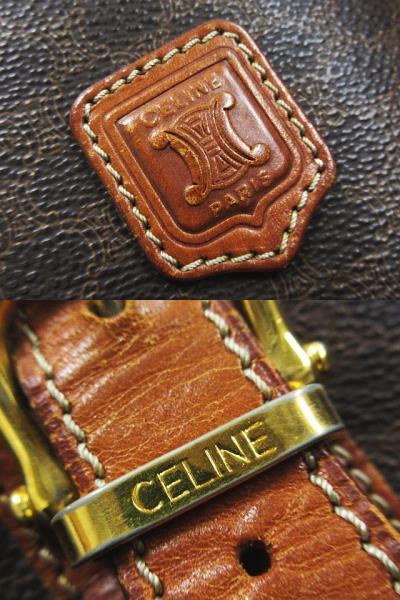 ■ CELINE セリーヌ マカダム柄 トートバッグ バケツ型 PVC×レザー ヴィンテージ ロゴ ブラウン ゴールド金具 レディース_画像4