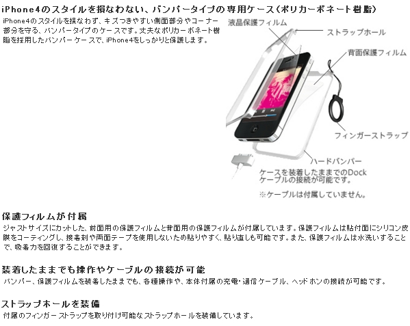 iPhone 4用バンパーケース&保護フィルム&フィンガーストラップPN_商品説明です。