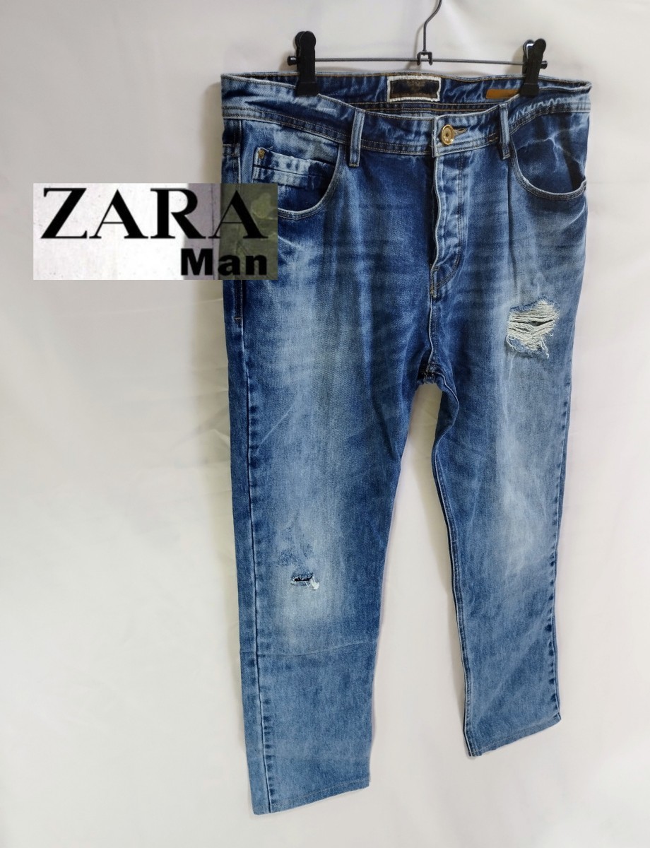 ☆美品 伸縮性抜群 ZARA MAN メンズ ダメージ ジーンズ デニム パンツ ウルトラ ストレッチ ザラ マン 春夏 スキニー 男性 バイカー バイク_画像1