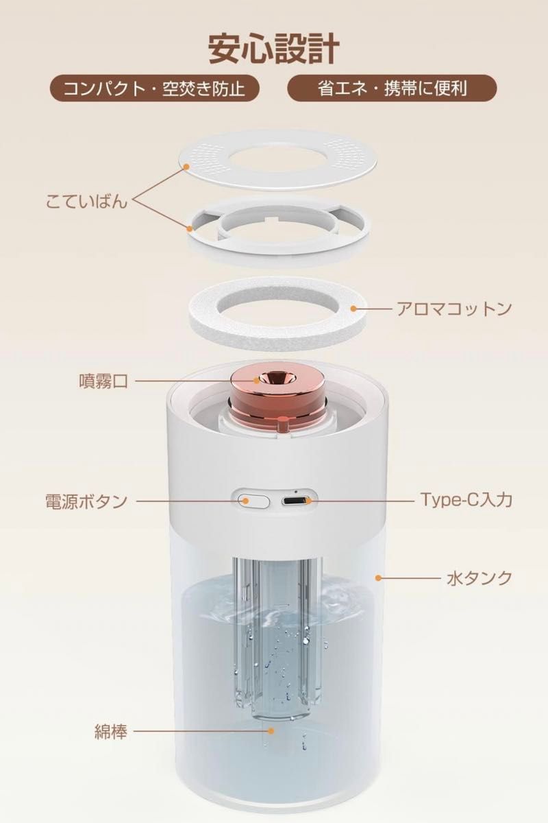 加湿器 卓上 300ml 小型加湿器 超音波式 卓上静音 アロマディフューザー