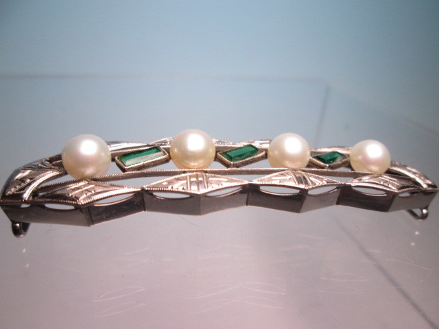 【江月】アンティーク・彫金細工真珠と緑硝子飾りの大振りな帯留め 7,87g_画像5