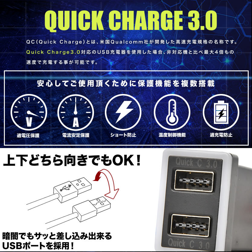 品番U11 ACR50系 エスティマ 急速充電USBポート クイックチャージ QC3.0 トヨタA 白発光 両差し可能_画像2