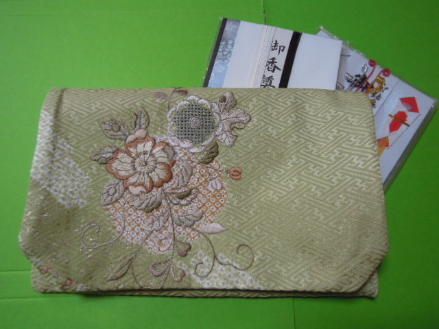 ku.... green color series *. floral print * embroidery entering *L size un- festival ., gold . inserting fukusa * silk ground * handmade *
