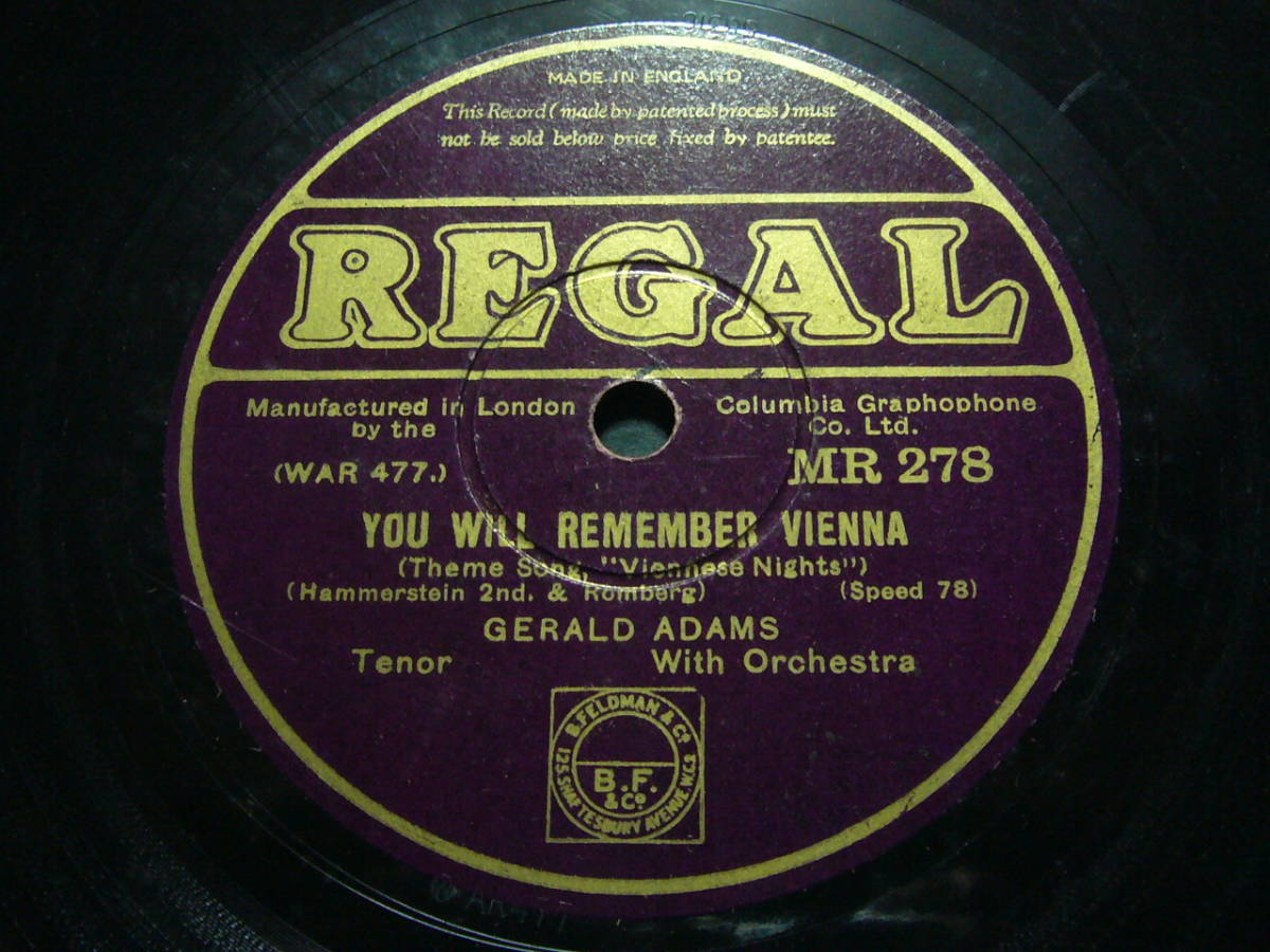 ■SP盤レコード■ニ534(A)　英国盤　テノール　GERALD ADAMS YOU WIIL REMEMBER VIENNA I BRING A LOVE SONG_画像1