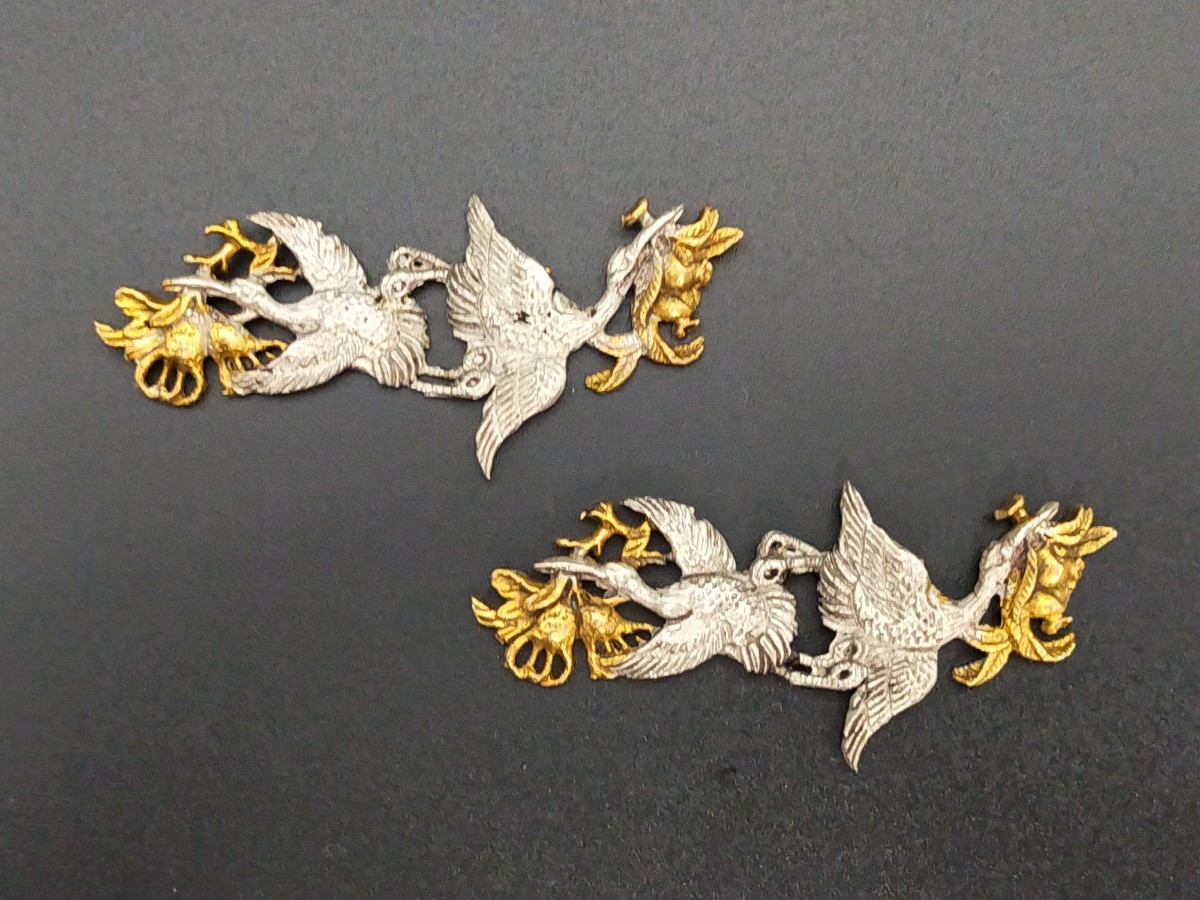 MS11 日本刀装具 目貫 双鶴 銅製 金工品 拵 刀剣美術の画像1