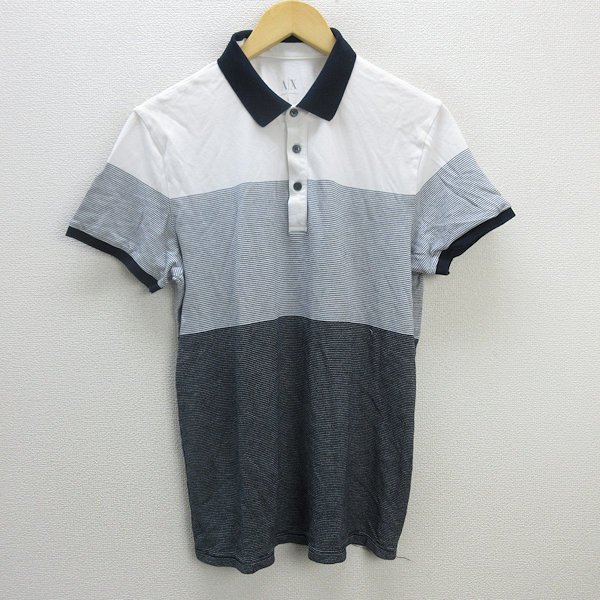 s■アルマーニ エクスチェンジ/ARMANI EXCHANGE 切替 半袖ポロシャツ【L】黒白/MENS/24【中古】_画像1