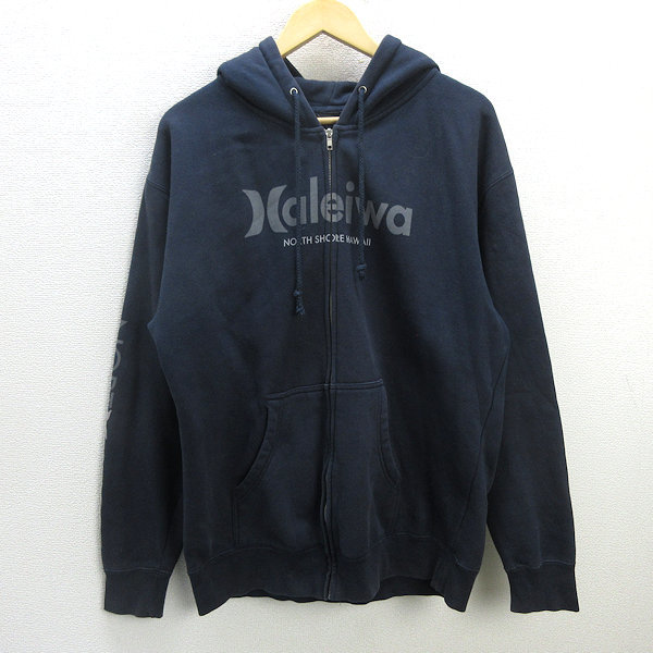 k■ハーレー/Hurley プリント入り フルジップパーカ/スウェット【L】紺/MENS■29【中古】_画像1