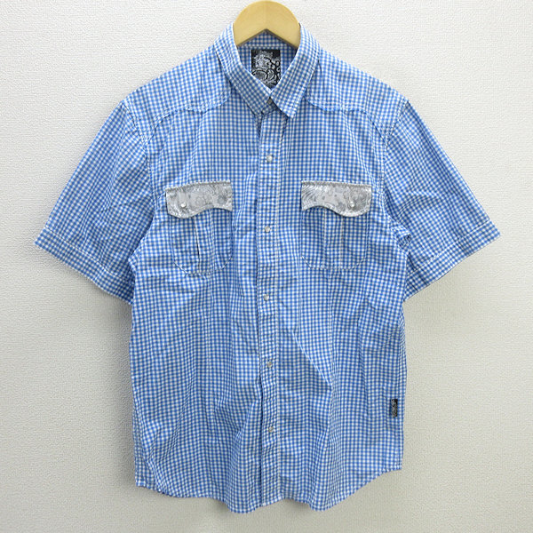 s■ナミタツ/波達 チェック柄 半袖ウエスタンシャツ【XL】白 水色/MENS/85【中古】_画像1