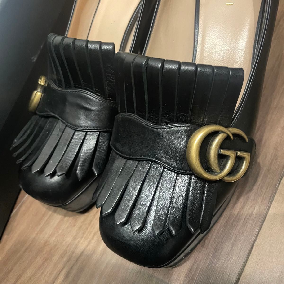 GUCCI グッチ　gg マーモント　パンプス　ブラック　レザー　ローファー レザー 靴 ヒール 革 シューズ ブラック