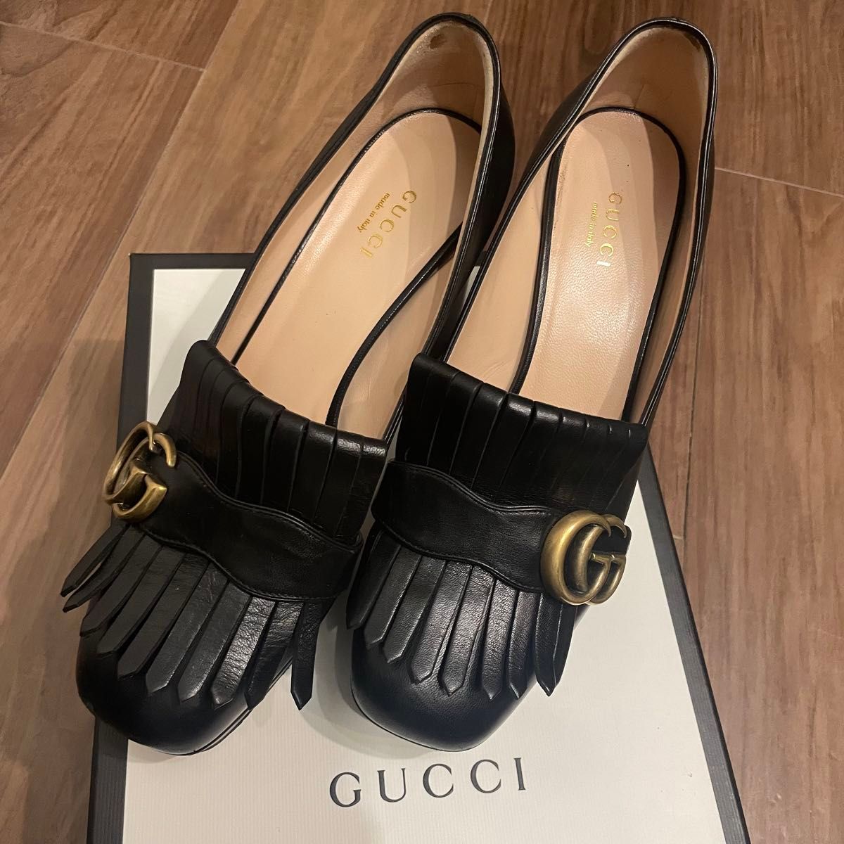 GUCCI グッチ　gg マーモント　パンプス　ブラック　レザー　ローファー レザー 靴 ヒール 革 シューズ ブラック