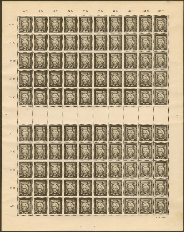 正規通販】 外国切手 SAAR ベートーベン 1951年 完全シート ヨーロッパ