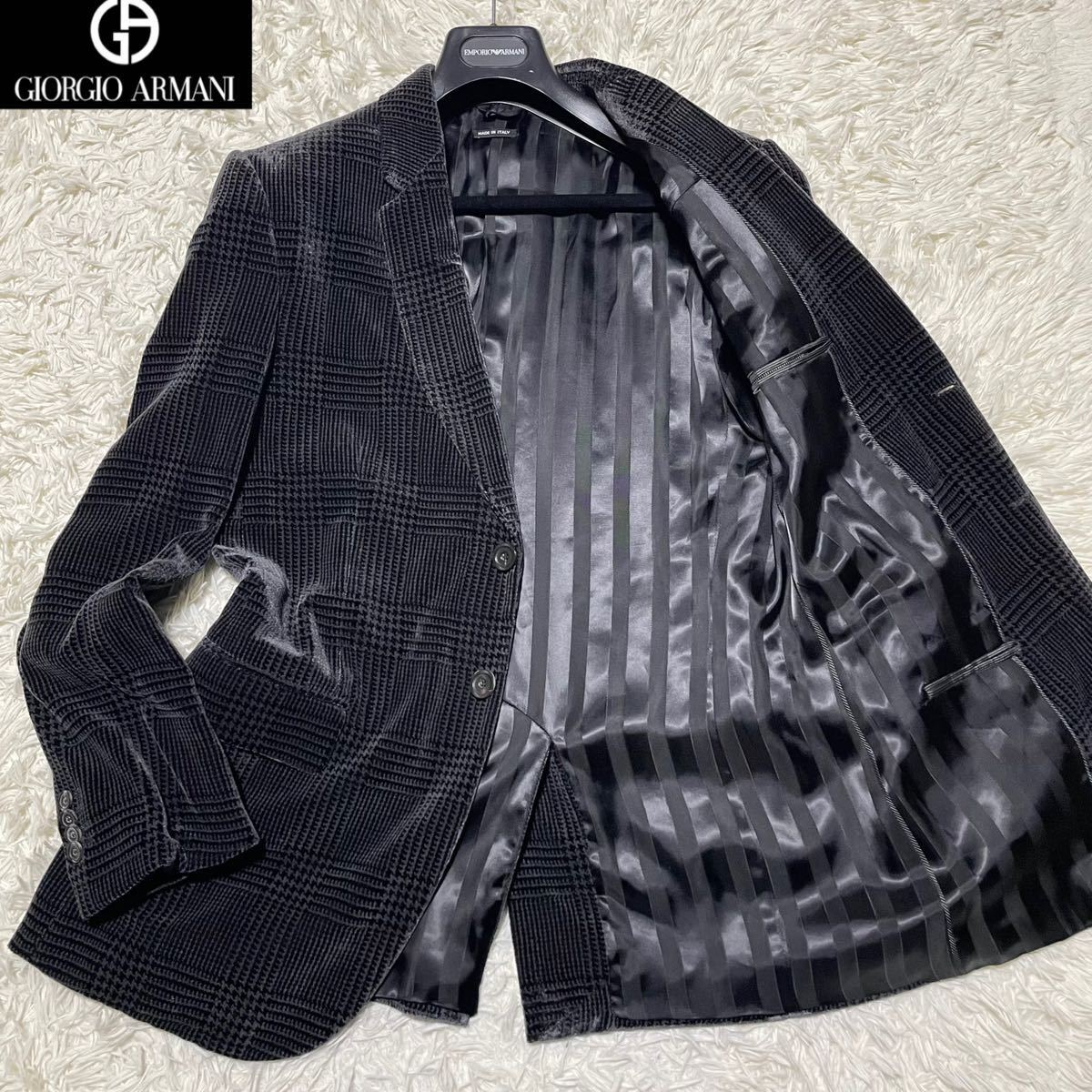 極美品◎XL ジョルジオアルマーニ ベロア マルチチェック テーラードジャケット 千鳥 ブレザー ベルベット GIORGIO ARMANI 黒タグ ブラック_画像1