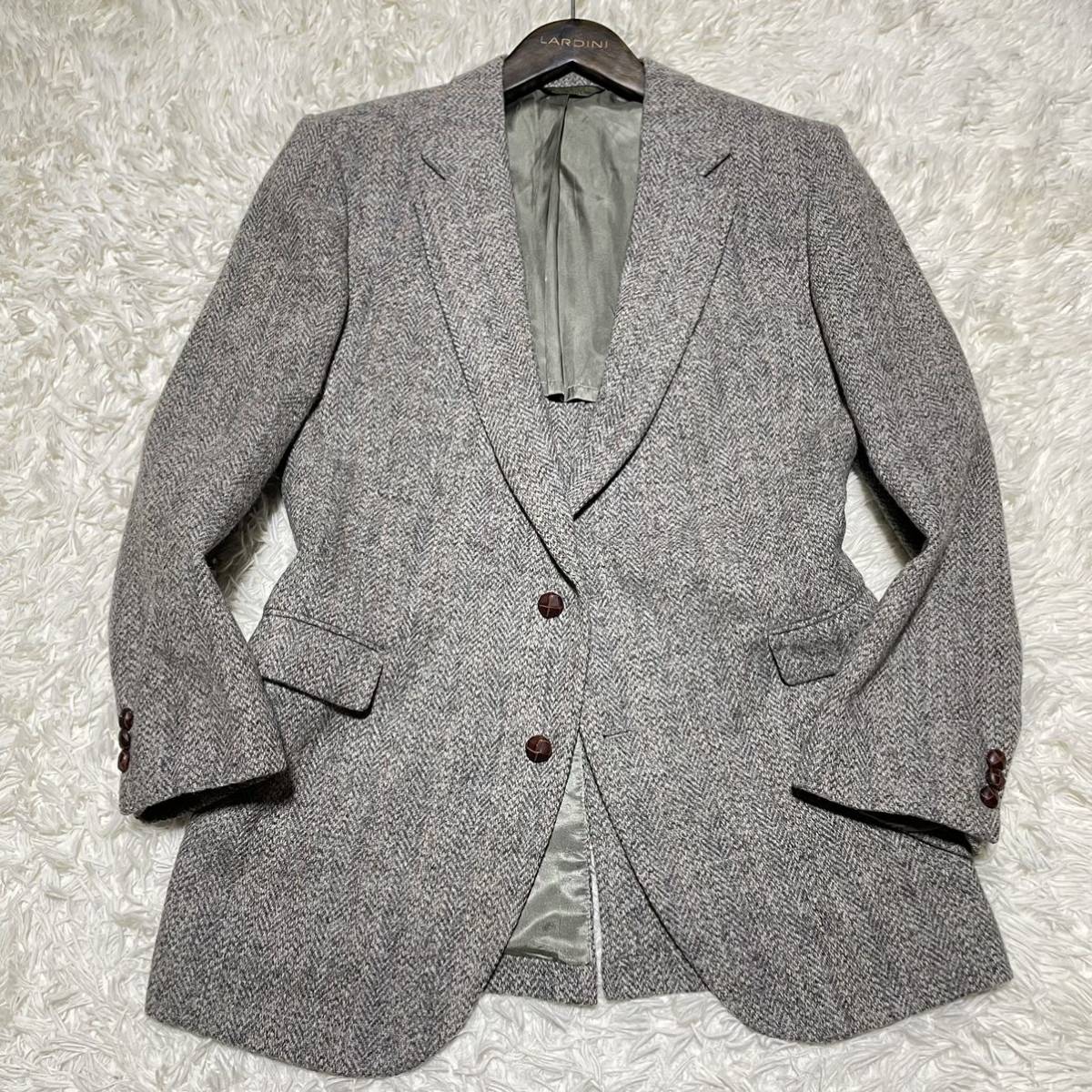 極美品◎XXL ハリスツイード Harris Tweed ヘリンボーン くるみボタン テーラードジャケット ブレザー ウール100 グレー 大きいサイズ 3L _画像2