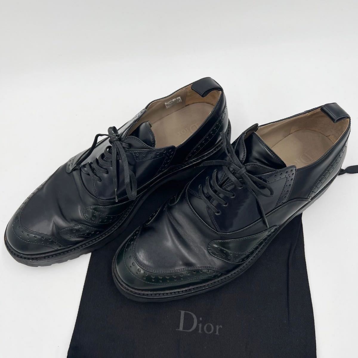 美品 ソール減りなし Dior HOMME ディオールオム レザードレスシューズ 42サイズ 27cm相当 黒ブラック グリーン メンズ 15HBM_画像2