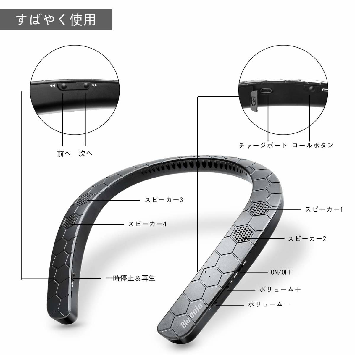  原文:ネックバンドスピーカー ワイヤレス 首 かけ スピーカー ウェアラブル Bluetooth4.1 3Dサウンド ハンズフリー ステレオヘッドセット (黒)