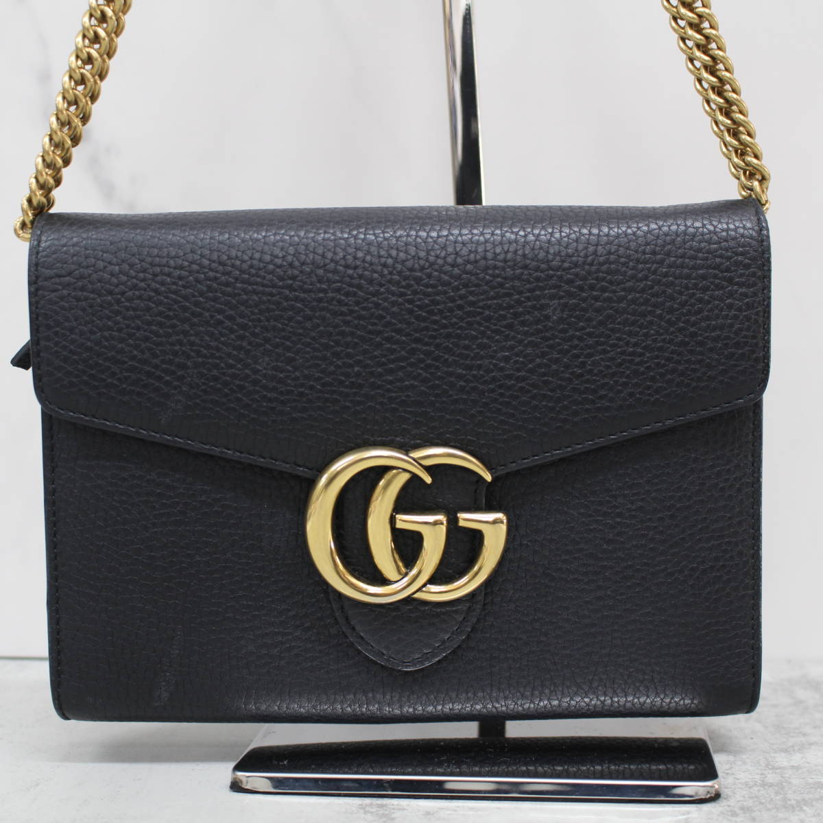 S118)【1円〜】GUCCI/グッチ GGマーモント チェーンウォレット 401232 ブラック/黒 ゴールド金具 斜め掛け ショルダーバッグ_画像3