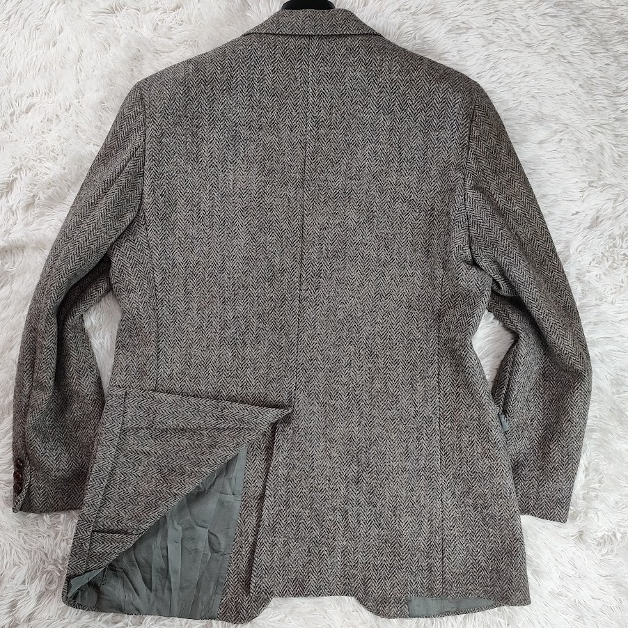 美品!3L!ハリスツイード/HARRIS TWEED【ヘリンボーン×茶くるみ釦】テーラードジャケット グレー スコティッシュウール100% XXL位 総裏_画像8