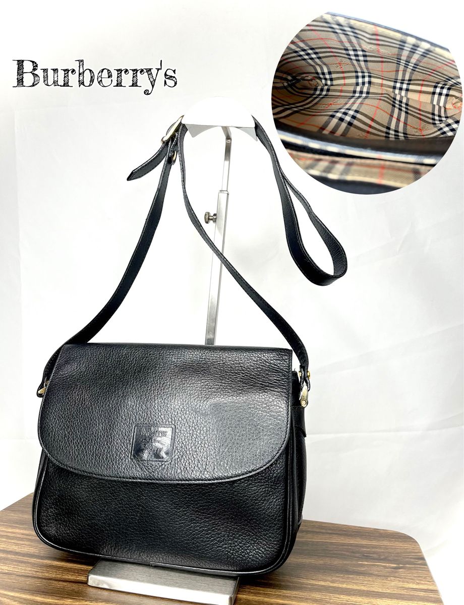 美品★ Burberrys バーバリーズ　本革レザー　ショルダーバッグ　黒 ブラック ノバチェック柄 vintage 斜めがけ