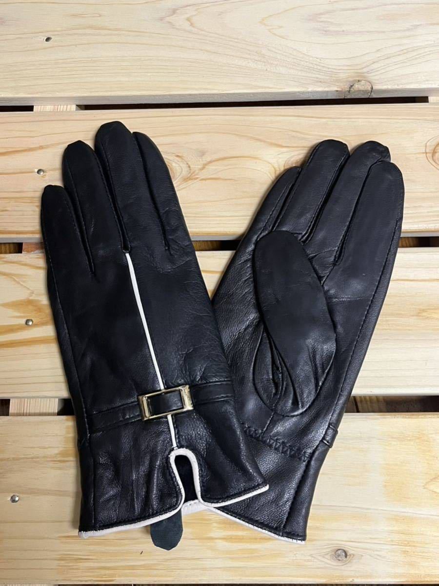  outlet * free shipping * new goods * leather gloves lady's * leather glove reverse side nappy simple black belt attaching black 