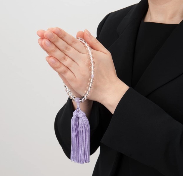 女性用　数珠　本水晶　紫雲石仕立　8mm玉　正絹頭付房　数珠袋付_画像5
