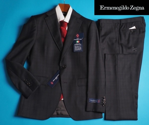 新品17.3万円 大手百貨店扱い 秋冬『Ermenegildo Zegna ゼニア TRAVELLER 伊製生地』ウール100% チェック柄 スーツA6濃灰(C) 1010681