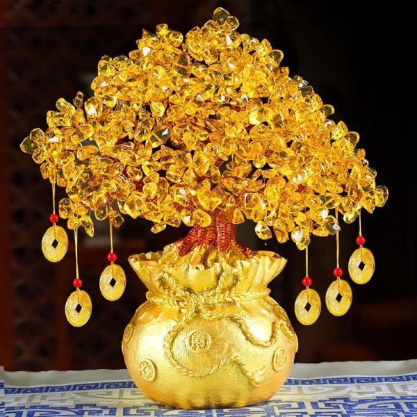 D001:幸運の木の装飾 19または24cm クリスタルの黄色い木 自然のお金の木 盆栽スタイル 風水_画像1
