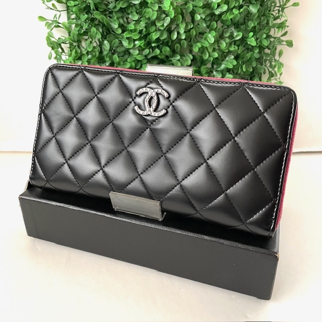 1円 美品 CHANEL シャネル マトラッセ パテント ピンク マットブラック ラウンドファスナー長財布_画像2