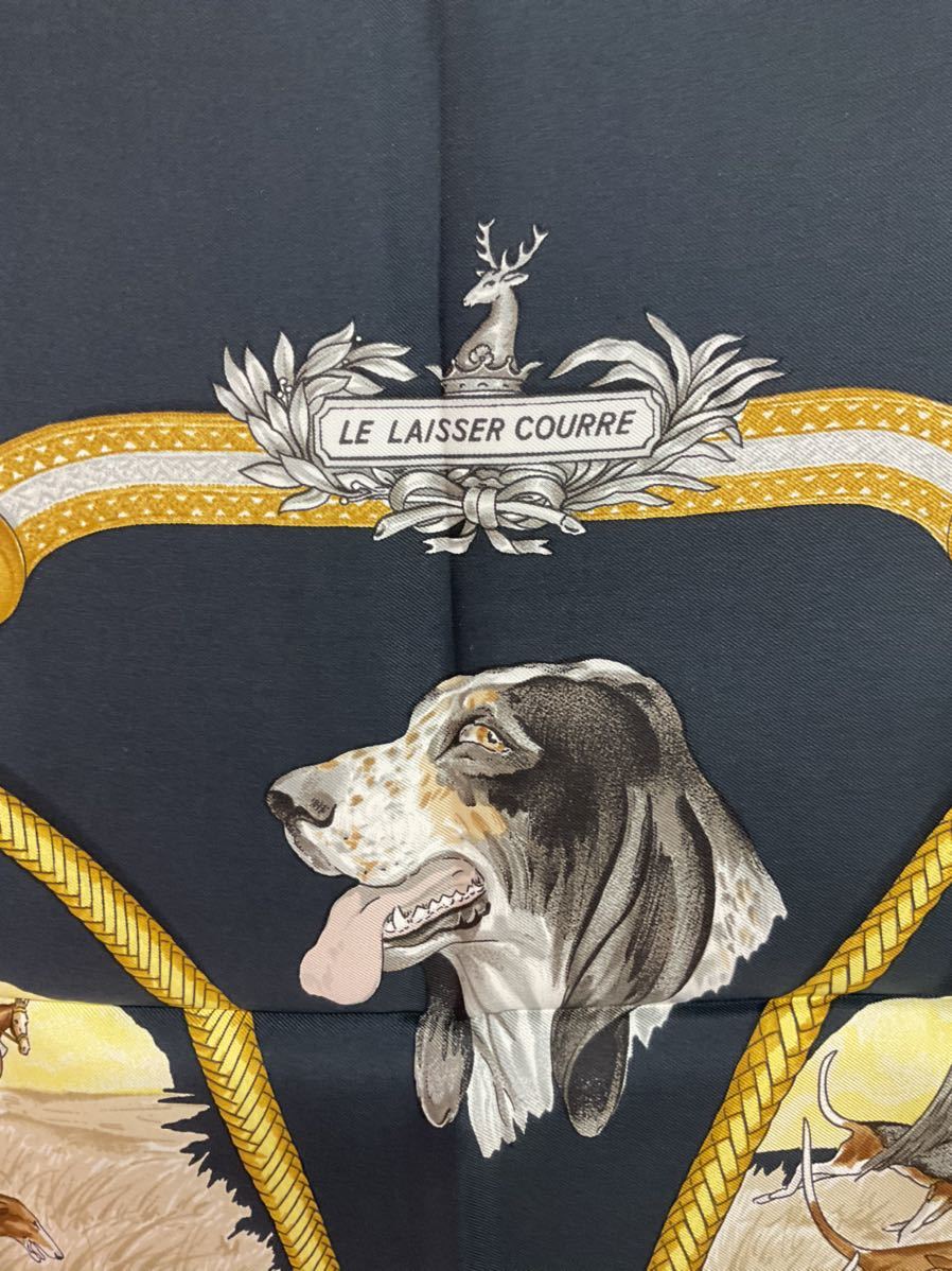 営ST116-60◆ 【新品・未使用品】HERMES／エルメス カレ90 LE LAISSER COURRE シルク 犬 馬 ブラック 大判スカーフ _画像4