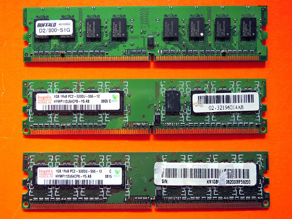 3枚セット DDR2 1GB BUFFALO D2/800-S1G Hynix PC2-5300U_画像1