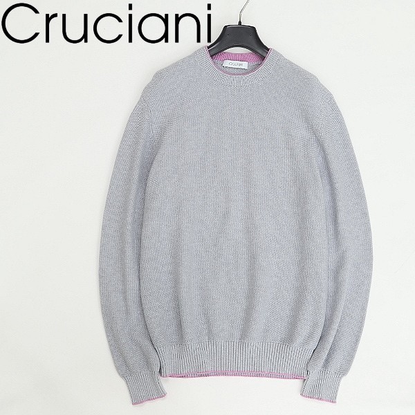 美品◆Cruciani クルチアーニ クルーネック コットン ニット セーター グレー×ピンク 50_画像1