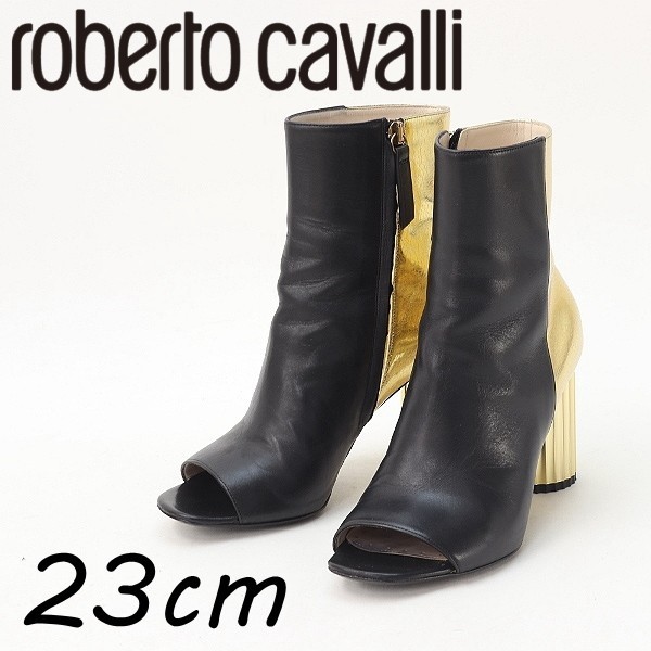 ◆Roberto Cavalli ロベルト カヴァリ レザー バイカラー オープントゥ デザインヒール ショート ブーツ 黒 ブラック×ゴールド 36_画像1