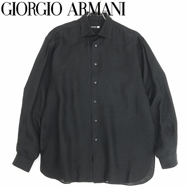 ◆GIORGIO ARMANI ジョルジオ アルマーニ リネン ホリゾンタルカラー 長袖 シャツ 黒 ブラック 41/16