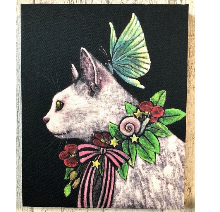  star month cat * art [ white cat ] picture F3. made . wooden panel pasting 27.3cmx22cm thickness 2.[007]