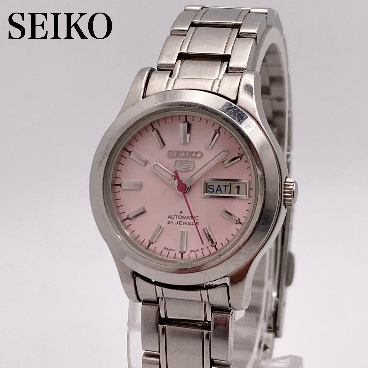 【稼働】SEIKO セイコー5 4207-01F0 ピンク文字盤 デイデイト 21石 AT/自動巻き レディース腕時計_画像1