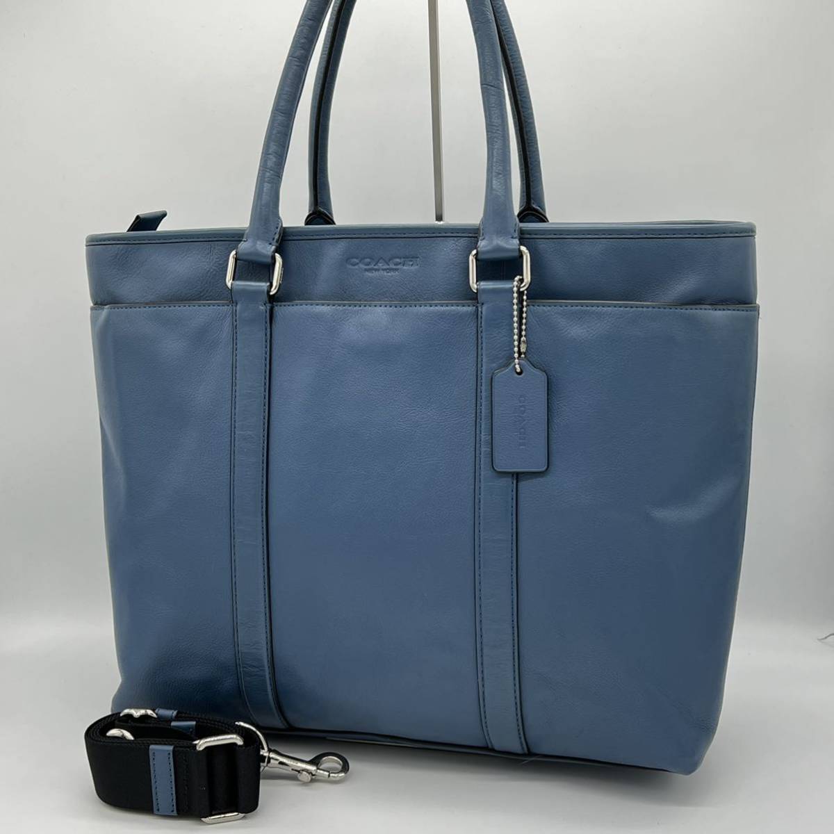 【美品】COACH コーチ メトロポリタン ハンドバッグ 2way トートバッグ ビジネスバッグ 手持ち 手提げかばん シンプル ブルー AI451106E