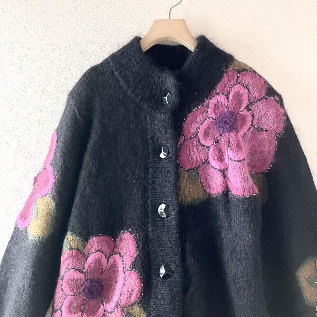 ビンテージ】花柄刺繍フラワーモチーフ シャギーニットカーディガン