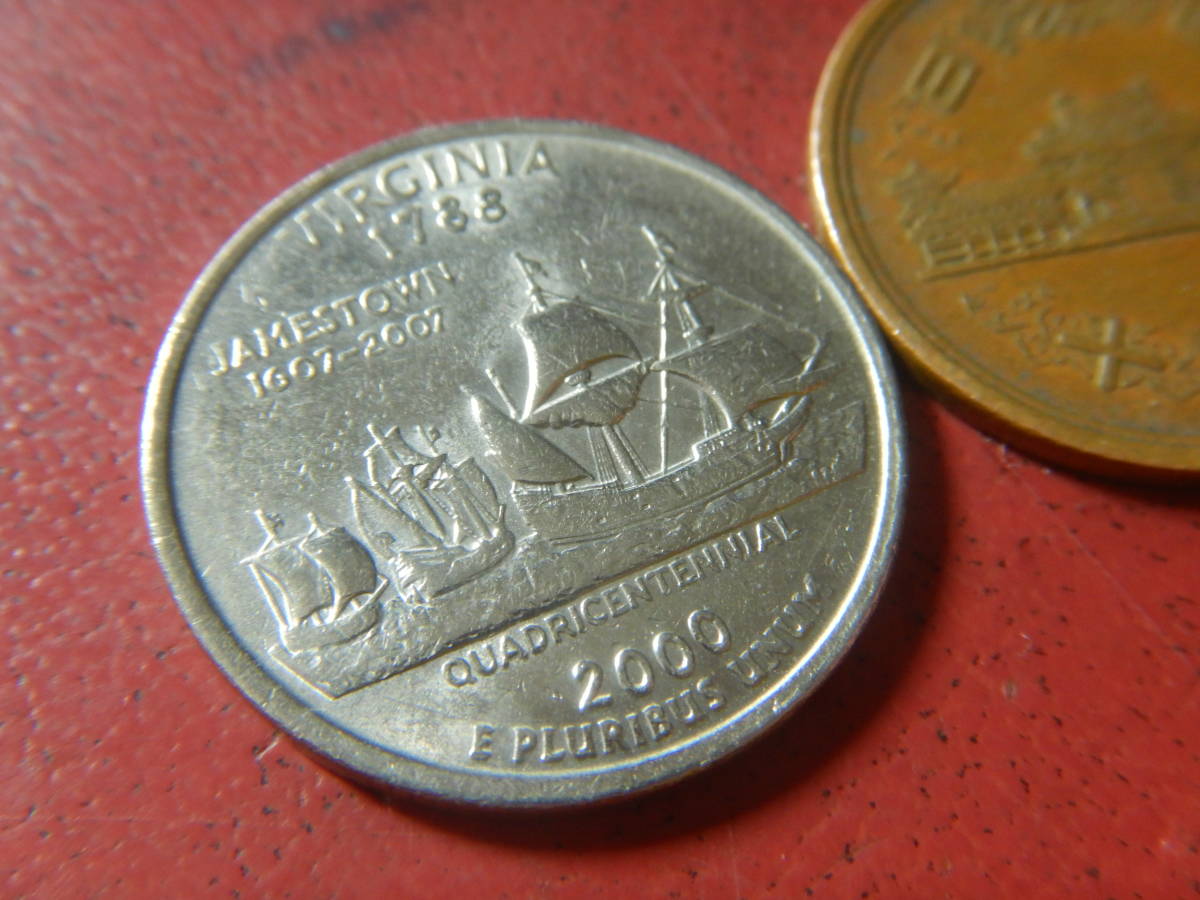 外国・USA／ワシントン２５セント白銅張り銅貨：バージニア州（2000年D）　231217_画像3