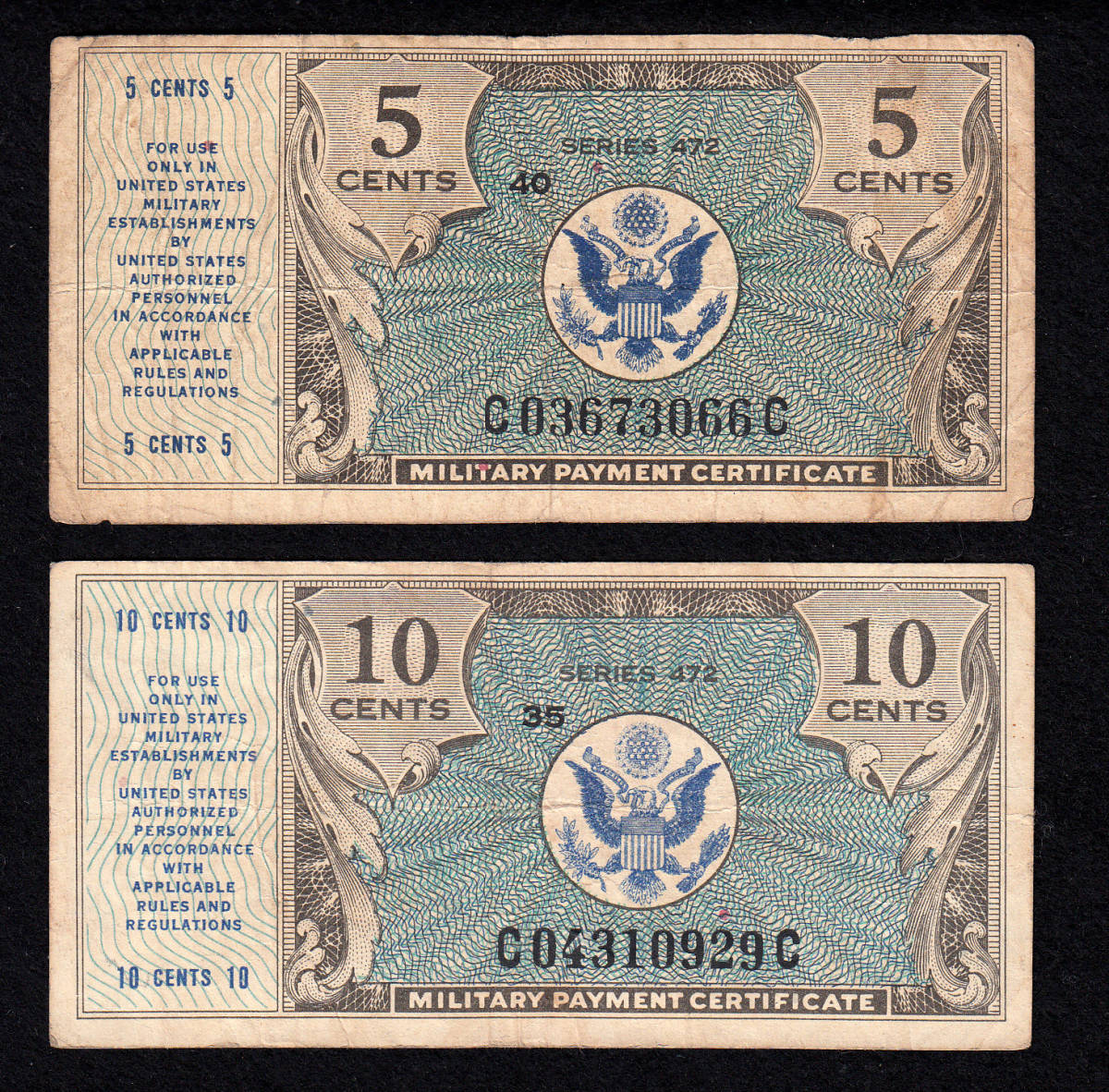 アメリカ紙幣 軍票 5,10セント（1948）Series 472 [1758]_画像1